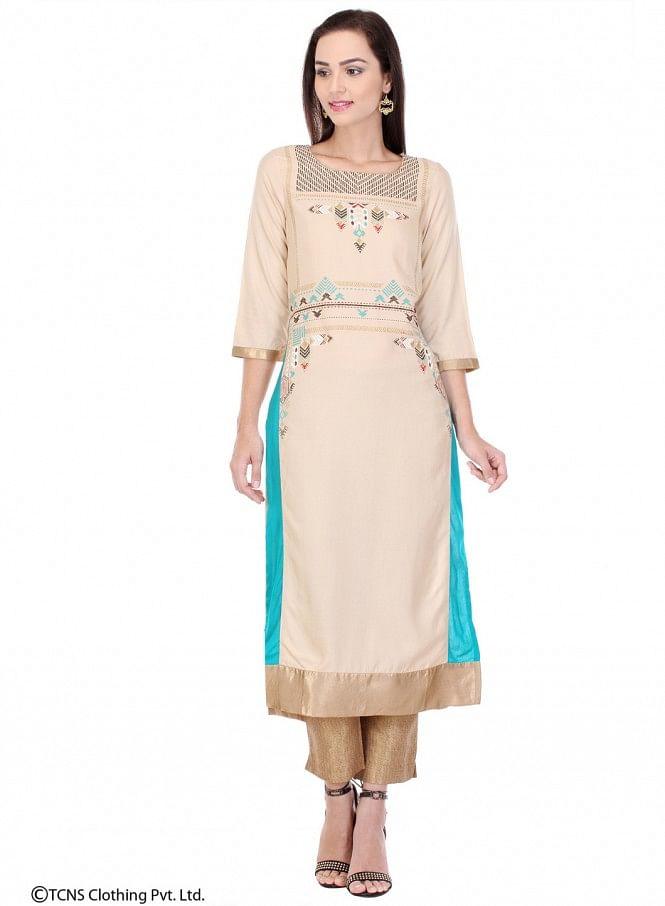 Beige Printed 3/4 Sleeve kurta - wforwoman