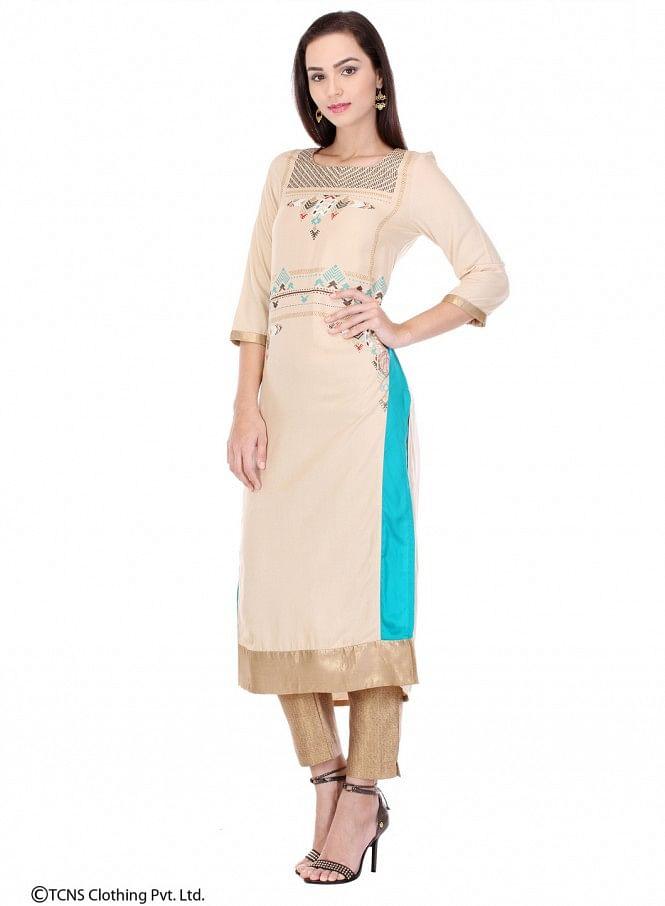 Beige Printed 3/4 Sleeve kurta - wforwoman