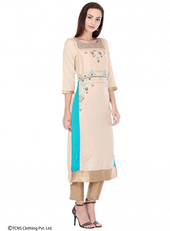 Beige Printed 3/4 Sleeve kurta - wforwoman