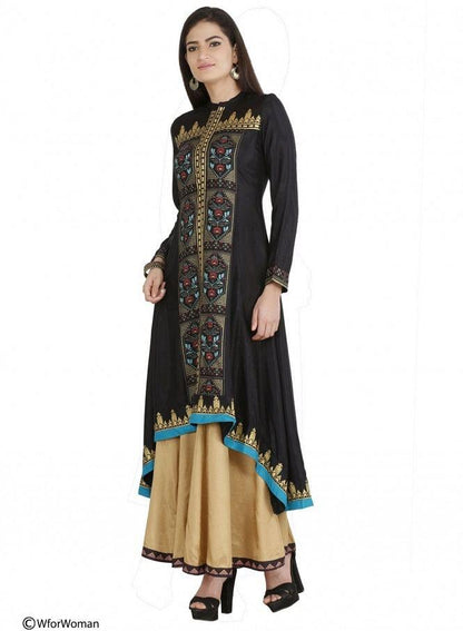 Black Printed 3/4 Sleeve kurta - wforwoman