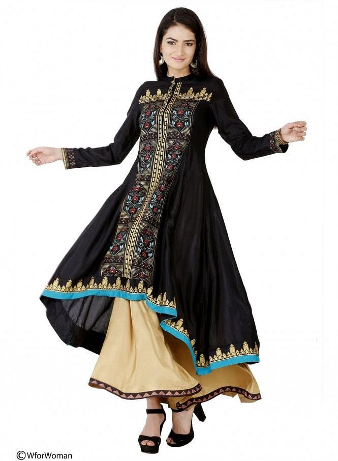 Black Printed 3/4 Sleeve kurta - wforwoman