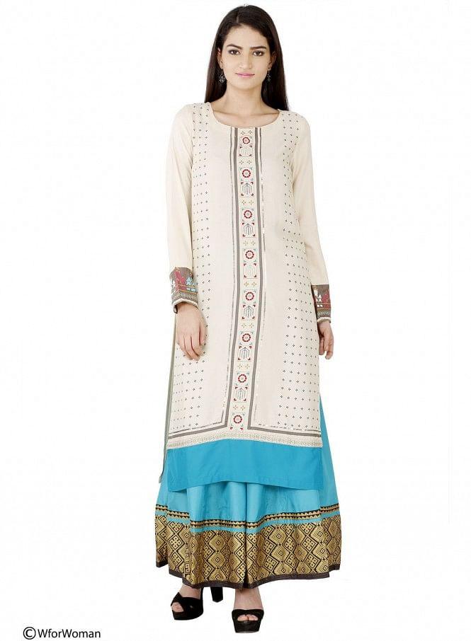 Beige Printed Full Sleeve kurta - wforwoman