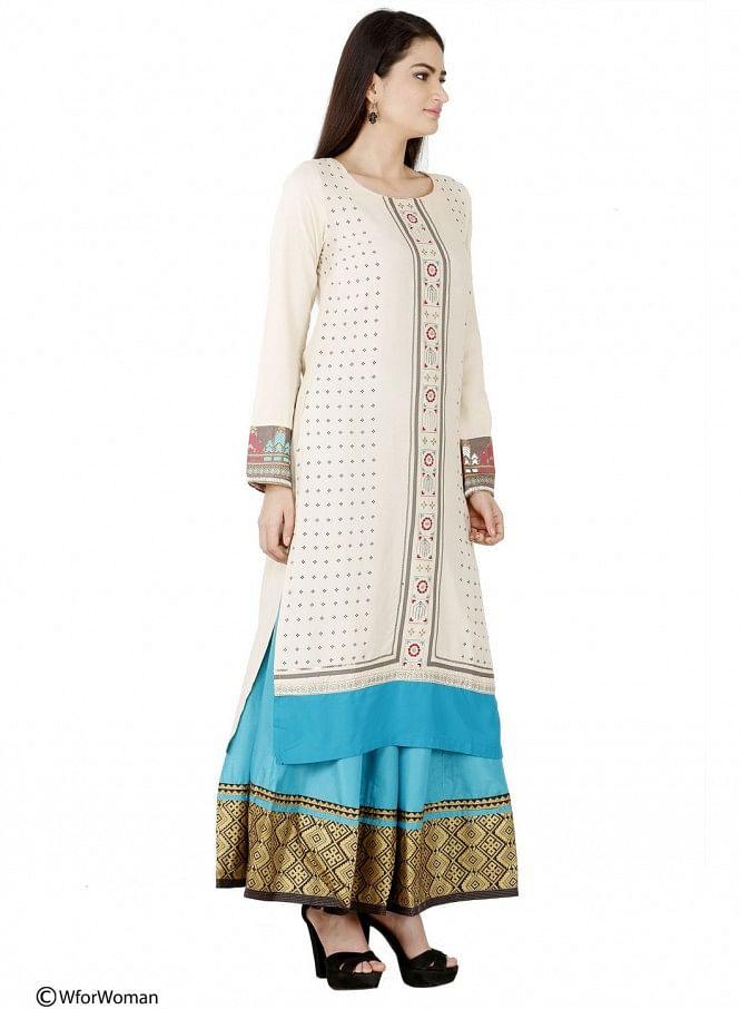 Beige Printed Full Sleeve kurta - wforwoman