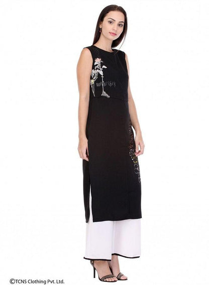 Black Printed Sleeveless kurta - wforwoman