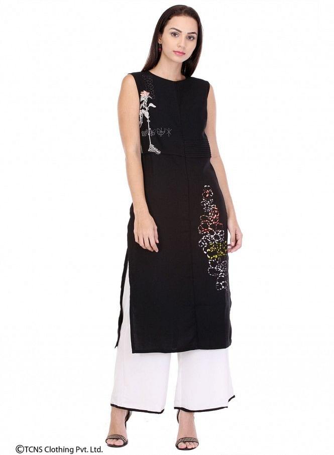 Black Printed Sleeveless kurta - wforwoman