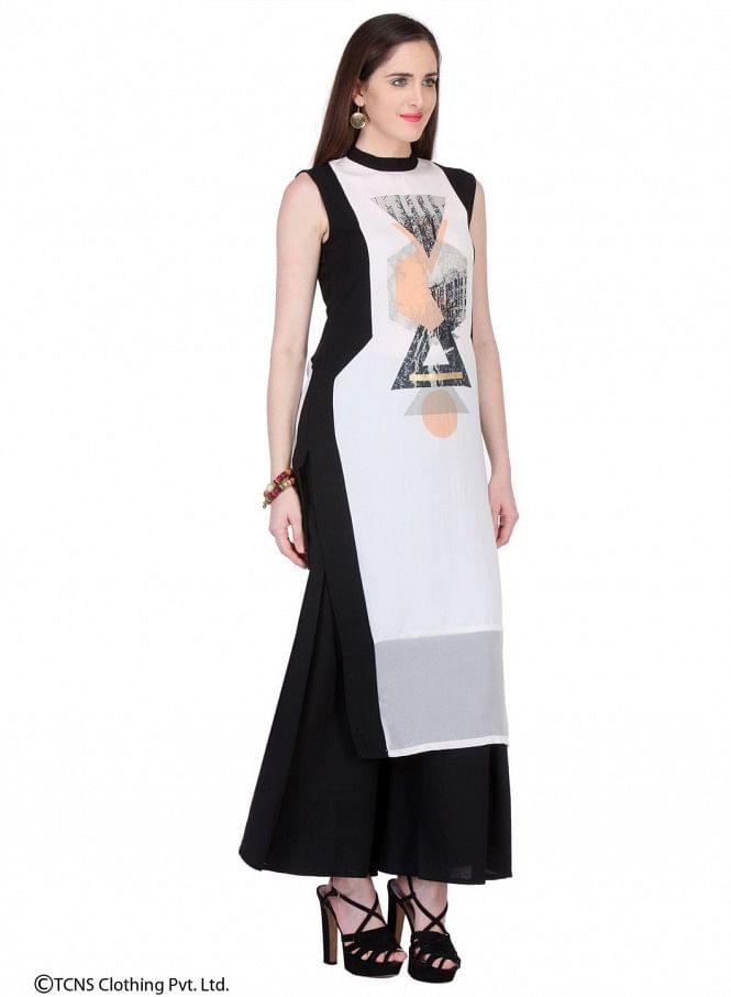 White Printed Sleeveless kurta - wforwoman