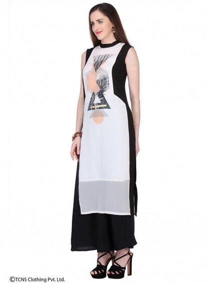 White Printed Sleeveless kurta - wforwoman