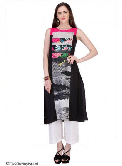 Black Printed Sleeveless kurta - wforwoman