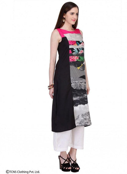 Black Printed Sleeveless kurta - wforwoman