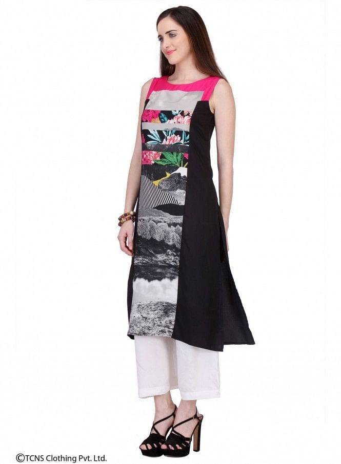 Black Printed Sleeveless kurta - wforwoman