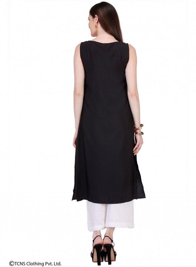 Black Printed Sleeveless kurta - wforwoman