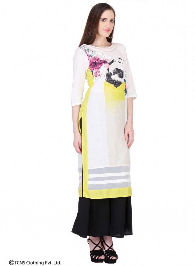 White Printed 3/4 Sleeve kurta - wforwoman