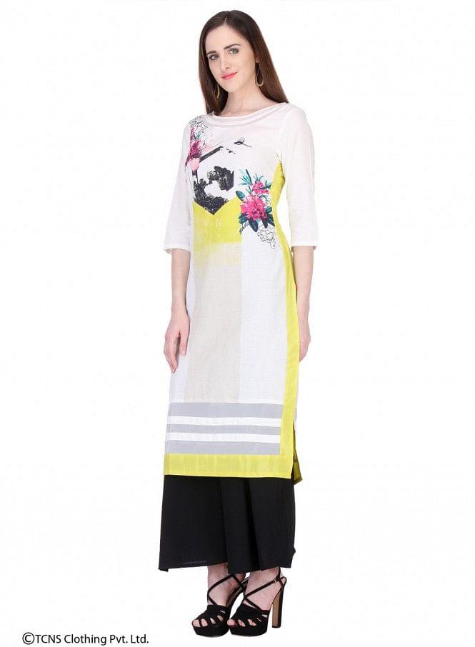 White Printed 3/4 Sleeve kurta - wforwoman