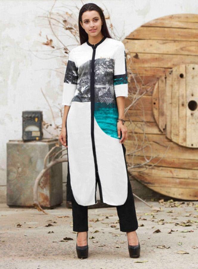 White Printed 3/4 Sleeve kurta - wforwoman