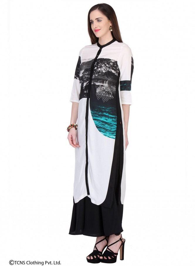 White Printed 3/4 Sleeve kurta - wforwoman