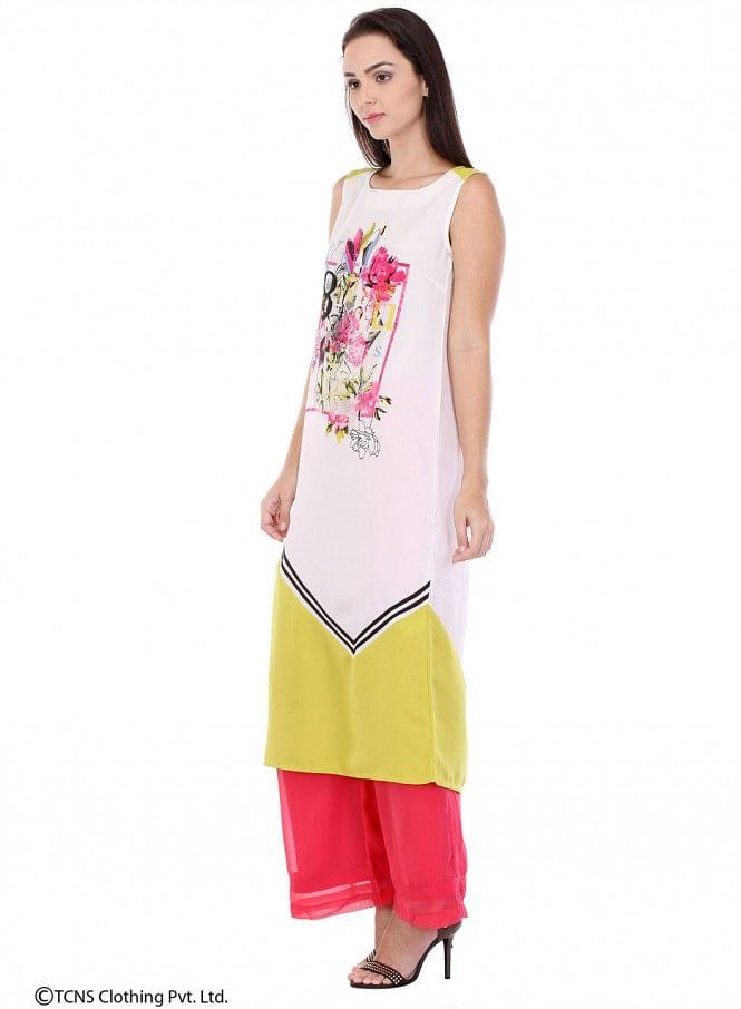 White Printed Sleeveless kurta - wforwoman