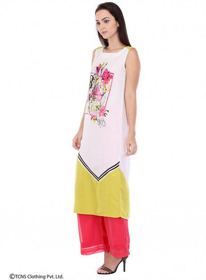 White Printed Sleeveless kurta - wforwoman