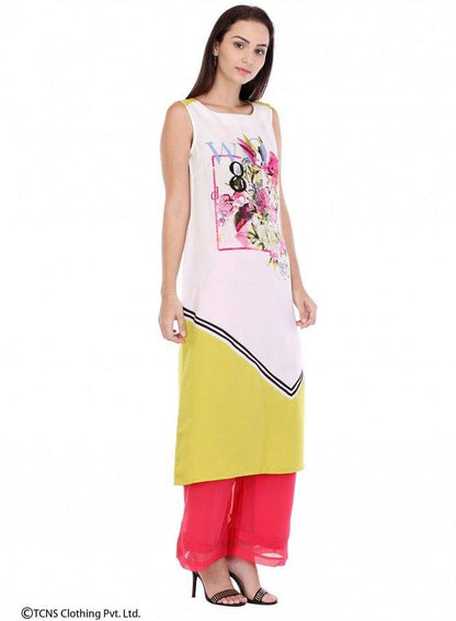 White Printed Sleeveless kurta - wforwoman