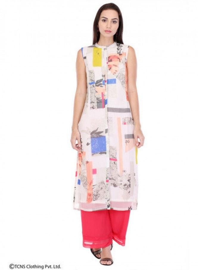 White Printed Sleeveless kurta - wforwoman