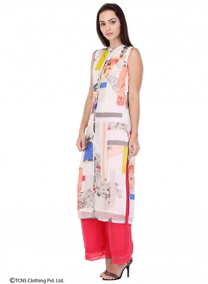 White Printed Sleeveless kurta - wforwoman