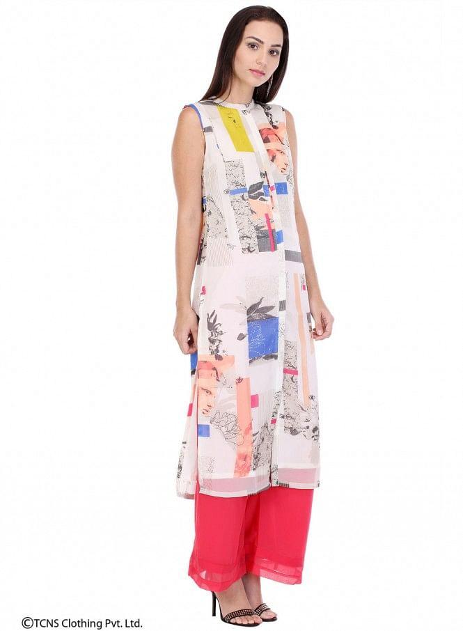 White Printed Sleeveless kurta - wforwoman