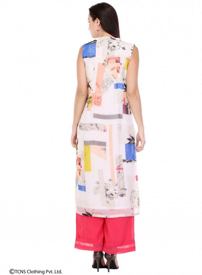 White Printed Sleeveless kurta - wforwoman