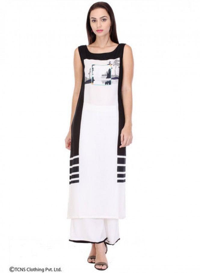 White Printed Sleeveless kurta - wforwoman