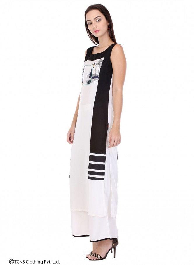 White Printed Sleeveless kurta - wforwoman