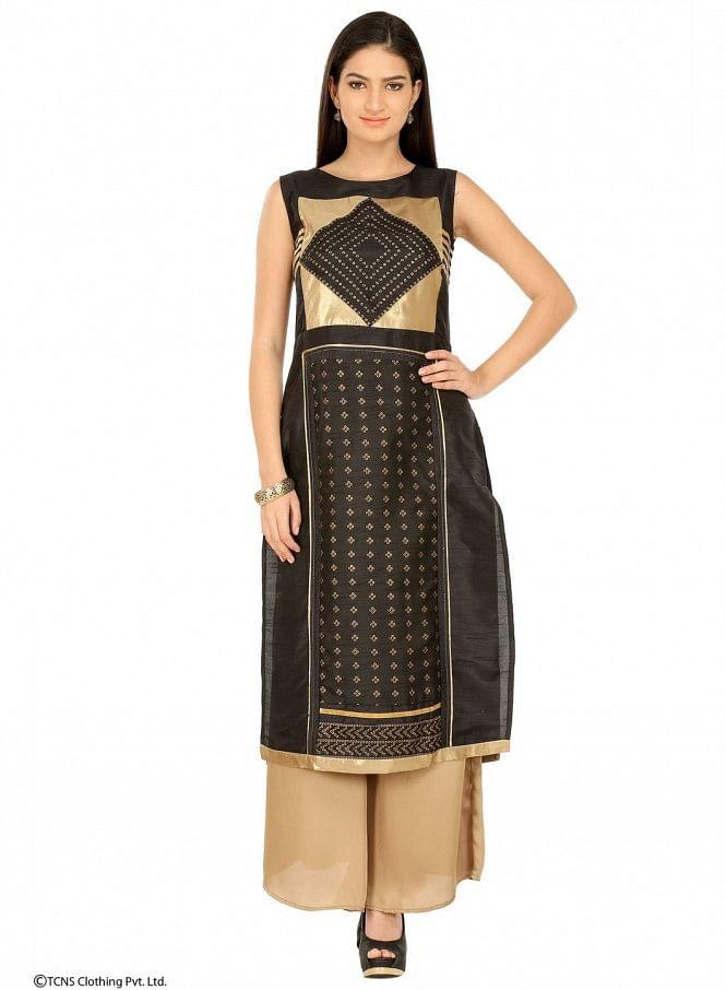 Black Printed Sleeveless kurta - wforwoman