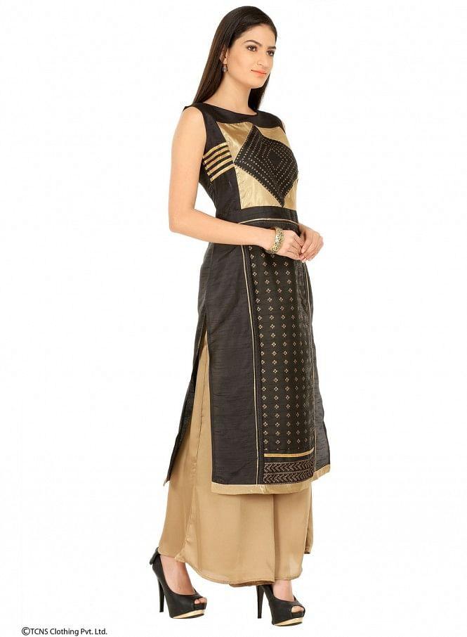 Black Printed Sleeveless kurta - wforwoman