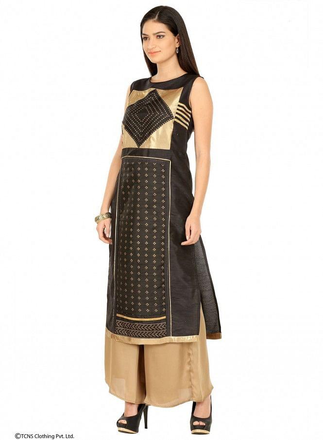 Black Printed Sleeveless kurta - wforwoman