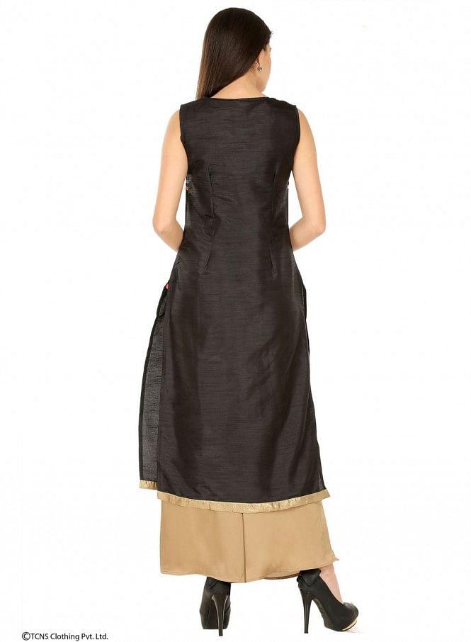 Black Printed Sleeveless kurta - wforwoman