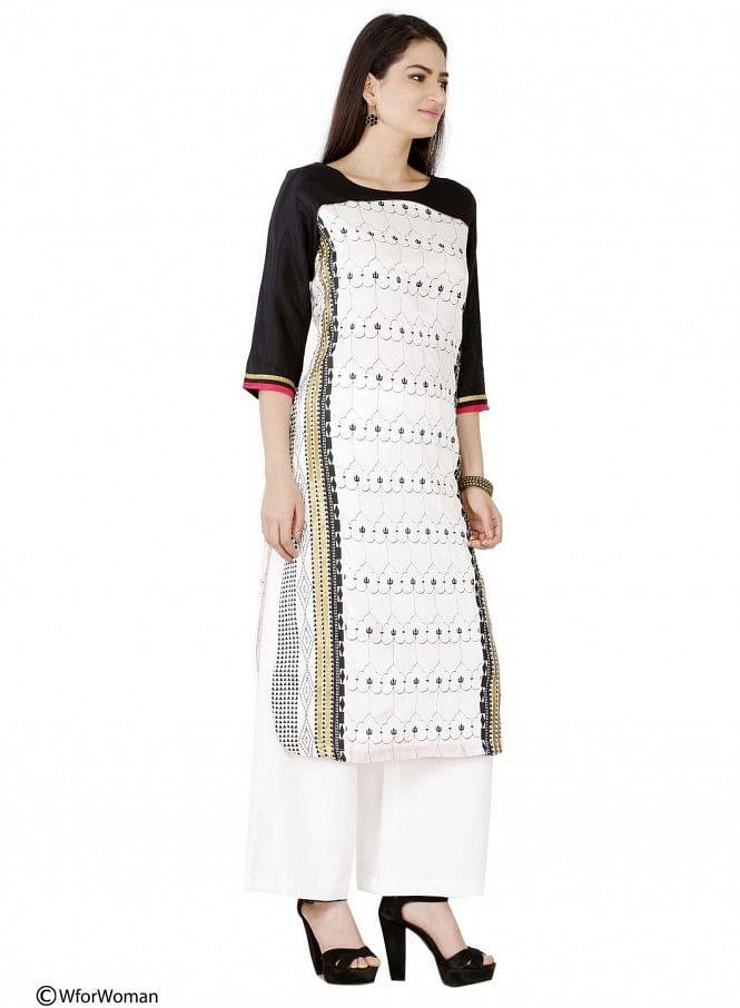 White Printed 3/4 Sleeve kurta - wforwoman