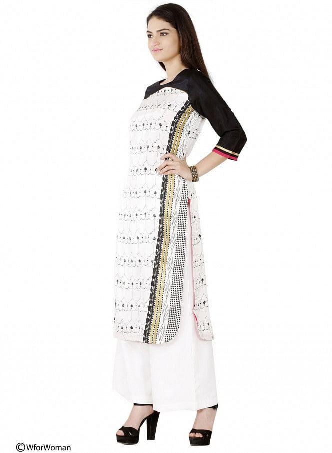 White Printed 3/4 Sleeve kurta - wforwoman