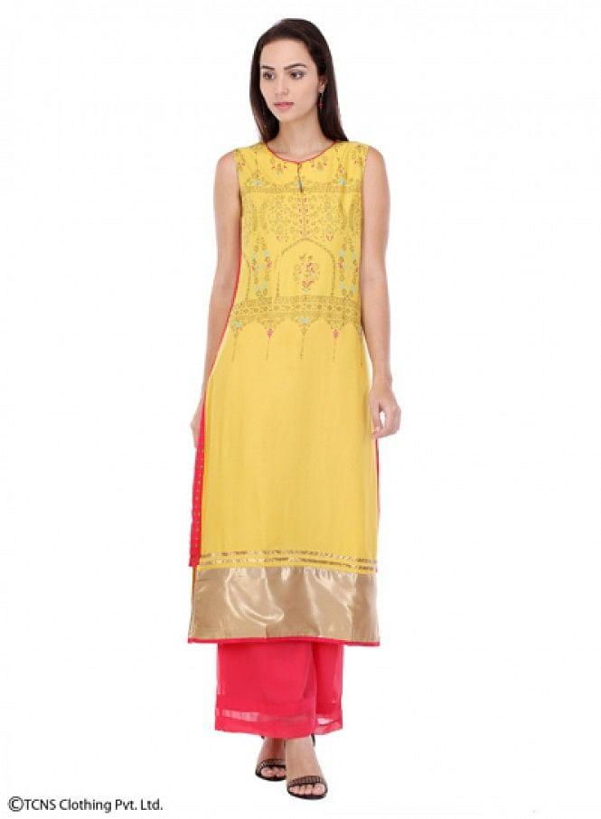 Yellow Printed Sleeveless kurta - wforwoman