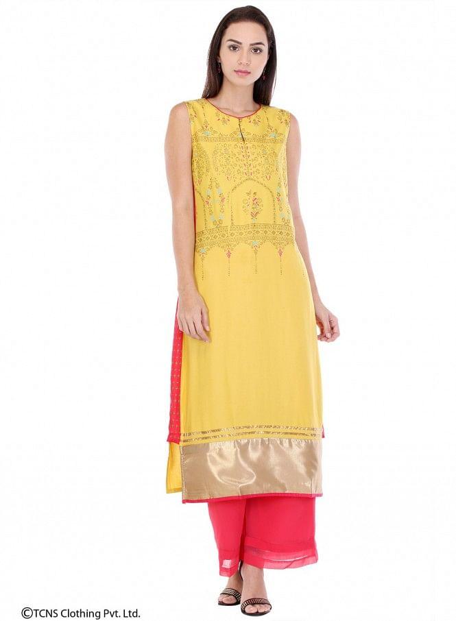 Yellow Printed Sleeveless kurta - wforwoman