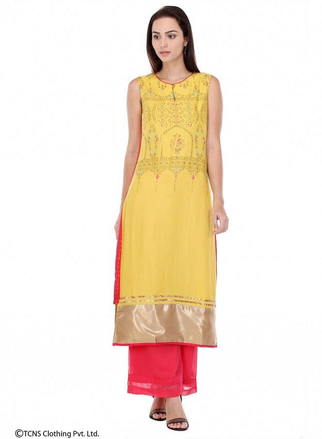 Yellow Printed Sleeveless kurta - wforwoman