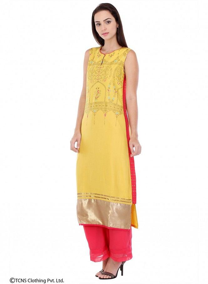 Yellow Printed Sleeveless kurta - wforwoman