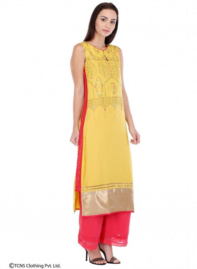 Yellow Printed Sleeveless kurta - wforwoman