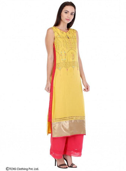 Yellow Printed Sleeveless kurta - wforwoman