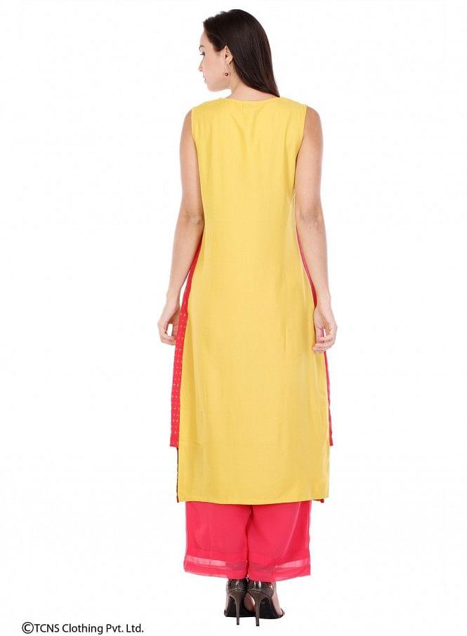 Yellow Printed Sleeveless kurta - wforwoman