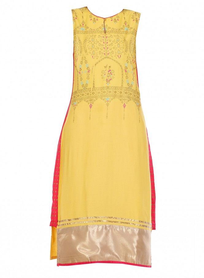 Yellow Printed Sleeveless kurta - wforwoman