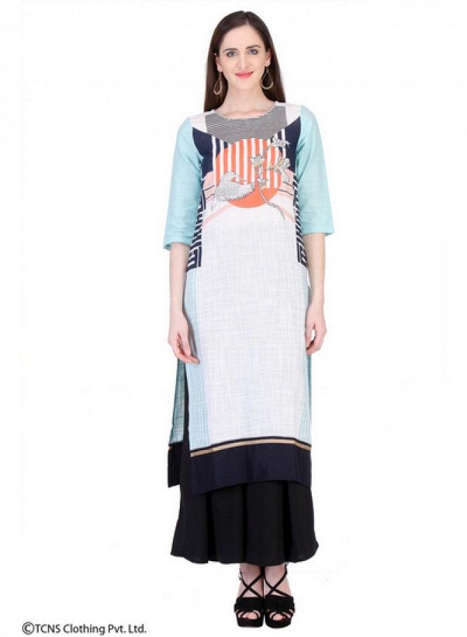 White Printed 3/4 Sleeve kurta - wforwoman