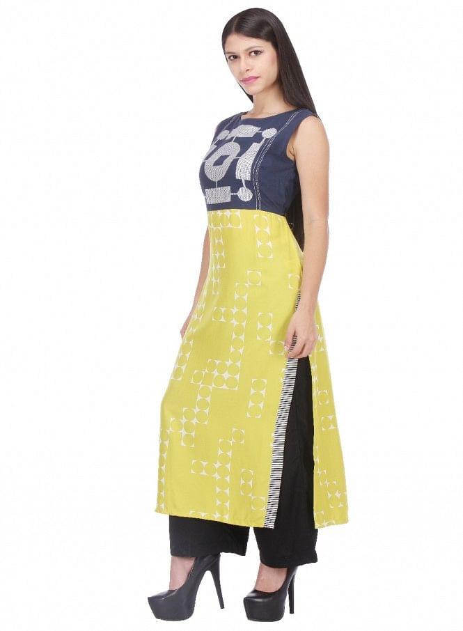 Yellow Printed Sleeveless kurta - wforwoman