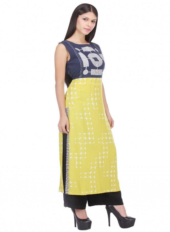 Yellow Printed Sleeveless kurta - wforwoman