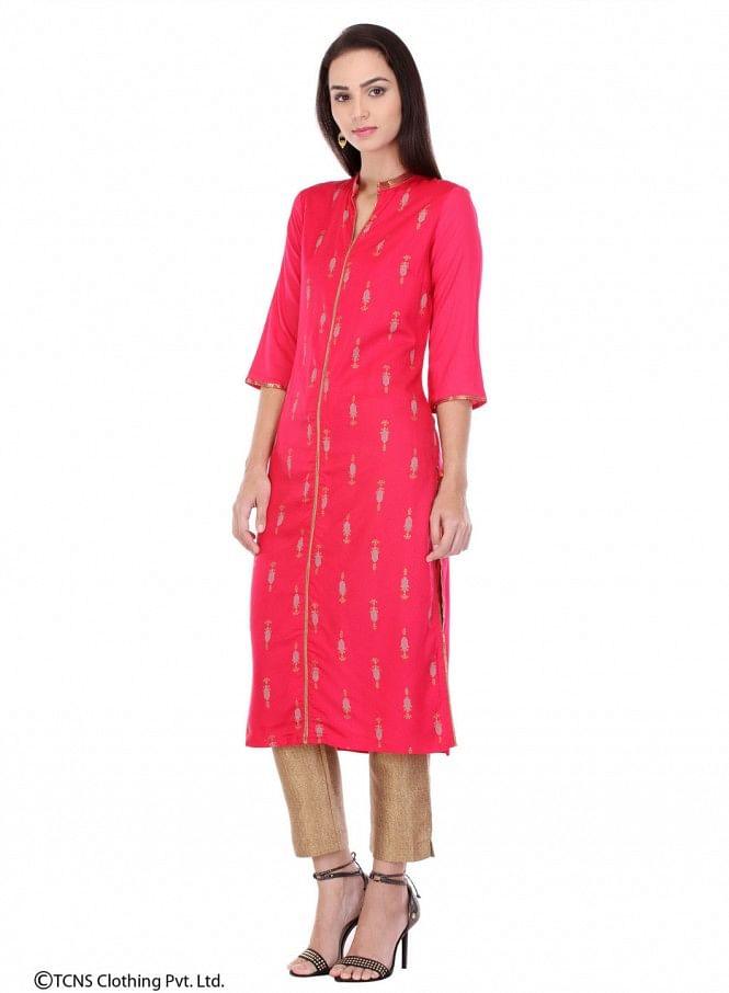 Pink Printed 3/4 Sleeve kurta - wforwoman