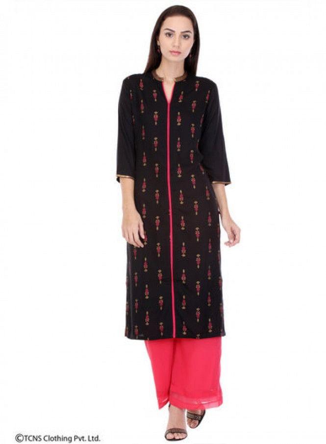 Black Printed 3/4 Sleeve kurta - wforwoman