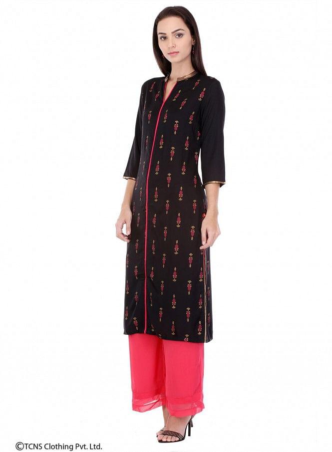 Black Printed 3/4 Sleeve kurta - wforwoman