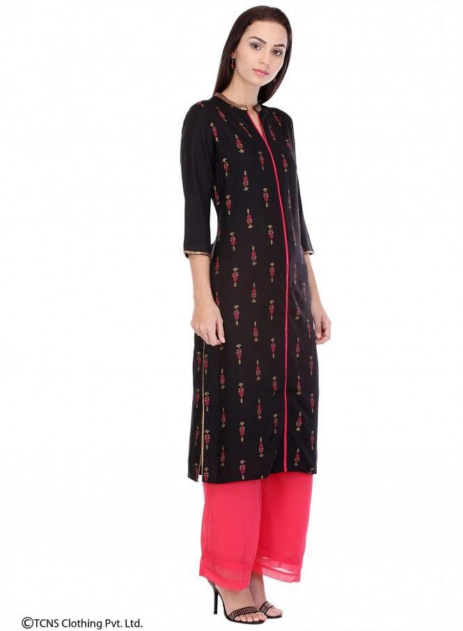 Black Printed 3/4 Sleeve kurta - wforwoman