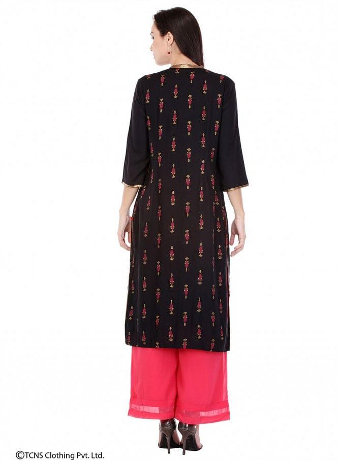 Black Printed 3/4 Sleeve kurta - wforwoman